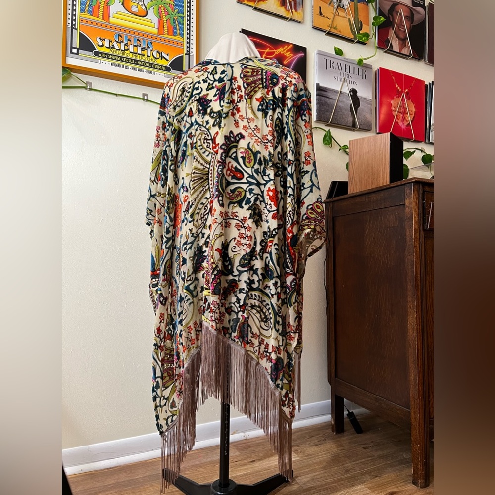 🪷 Velvet Fringe Kimono, Multicolored Velvet Flowers, Fringe, Jacket, Cover Up